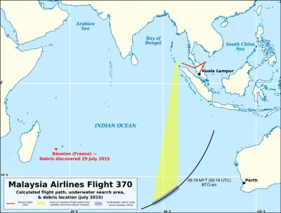 Reunion debris compared to MH370 flight paths and underwater search area