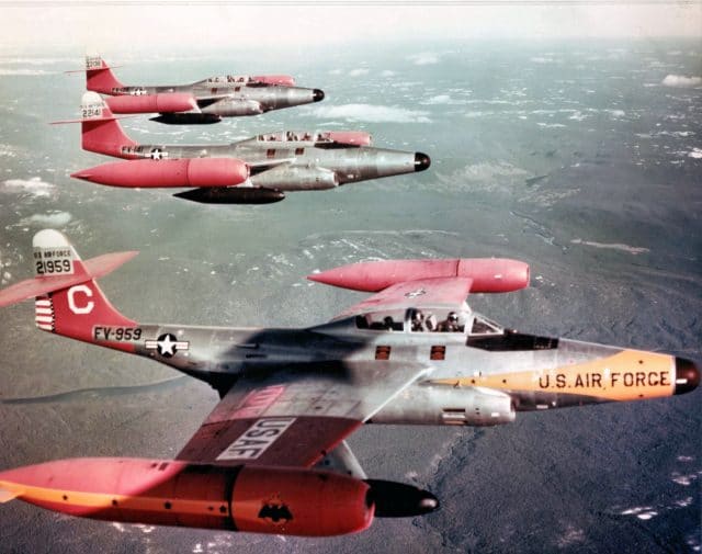 U.S. Air Force Northrop F-89D-45-NO Scorpion interceptors of the 59th Fighter Interceptor Squadrons, Goose Bay AB, Labrador (Canada), in the 1950s. 52-1959 in foreground, now in storage at Edwards AFB, California. USAF Museum