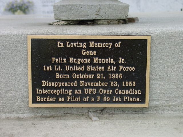Photograph of plate on memorial for Felix Eugene Moncla, Jr., taken in Sacred Heart Cemetery in Moreauville, Louisiana in 2002 by Gord Heath.