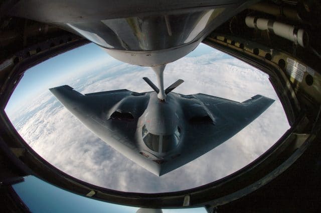 A US Air Force (USAF) B-2 Spirit bomber refuels from an Illinois Air National Guard (ILANG) KC-135 Stratotanker, 2005