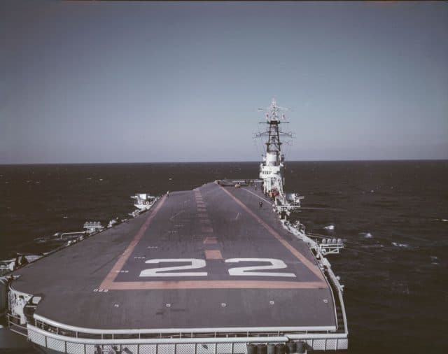 HMCS Bonaventure from the stern, photo taken in October 1957